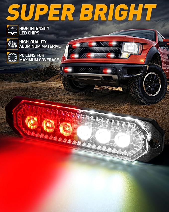 HLauto 406T Emergency Strobe Grille Lights: 4Pcs 6 LED Sync Feature Safety Warning Flashing Light, 12V-24V Ultra Slim Surface Mount Hazard Caution Light for Truck, Vehicle, Car, ATV, UTV (Red White)