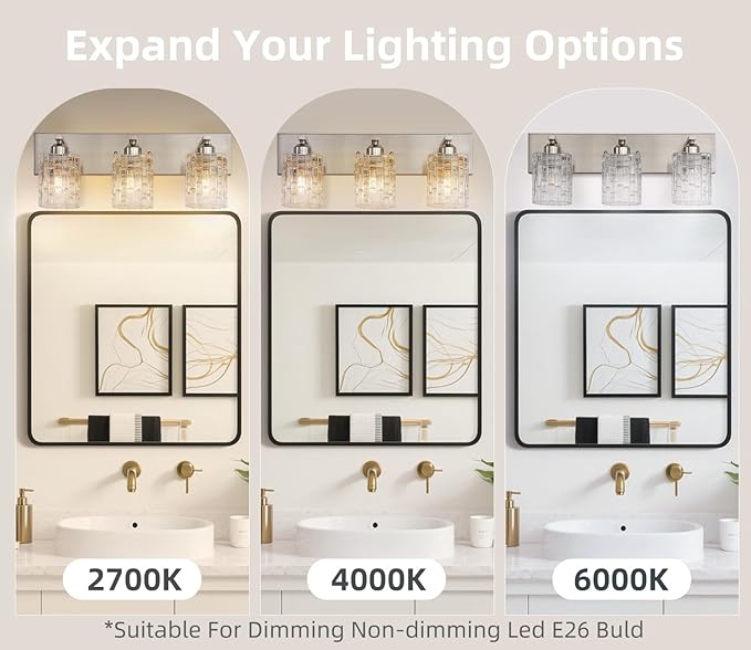 3-Light Crystal Bathroom Vanity Light Over Mirror, Nickel Modern Wall Light Fixture for Bathroom, Living Room, Bedroom, Hallway