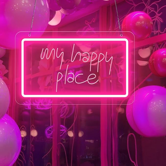 My Happy Place Neon Sign,Dimmable Pink LED Neon Signs for Wall Decor, USB Powered LED Letter Neon Signs, 3D Art Carving Design Light for Christmas Party Wedding Living Room Birthday Gift