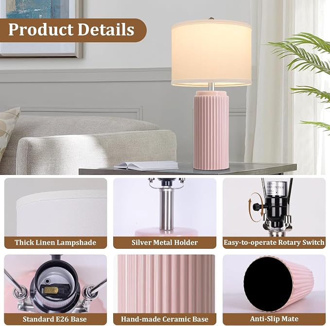 23.5" Pink Ceramic Table Lamps Set of 2, Modern Nightstand Lamps | Bedside Table Lamps with White Linen Shade, Ideal Size, Farmhouse Home Decor for Living Room Bedroom Office End Table Dorm