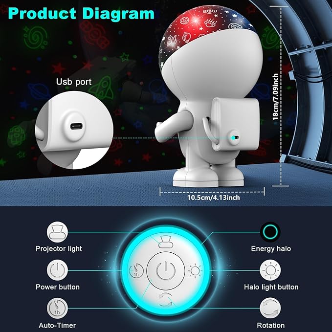 Astronaut Star Projector with Timer,Remote, Adjustable Brightness,Energy Halo and 360 ° Rotation,Space Pattern