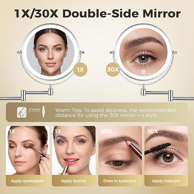 Wall Mounted Makeup Mirror, 8 Inch, 1X/30X, Rechargeable 4000mAh | Double-Sided LED Mirror with Extendable Arm and 360° Swivel for Makeup, Skincare, Shaving, and Bathroom Vanities