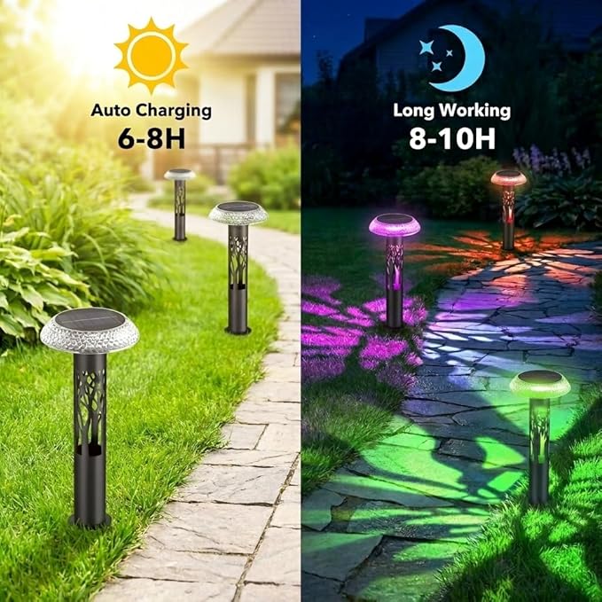 Eyrosa Solar Pathway Lights, Large Outdoor Garden Decor Stainless Steel Lights with Elegant Pattern, Dual-Zone Lighting, 8 Color Modes, IP55 Waterproof Landscape Lighting for Yard Walkway, 6 Pack