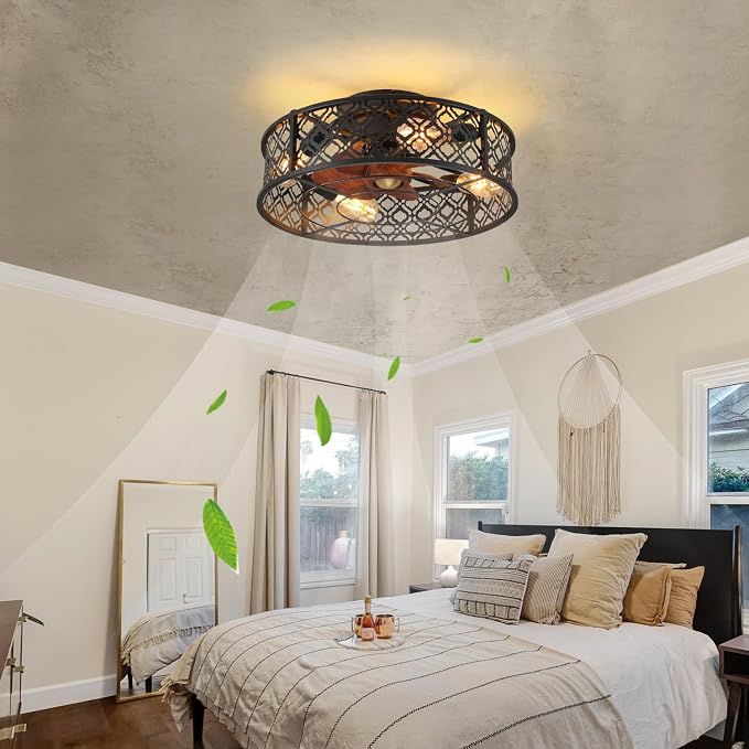 20" Caged Ceiling Fans with Lights Flush Mount Ceiling Fan with Remote,Small Black Low Profile Bladeless Ceiling Fan Light Fixture for Bedroom, Kitchen, Dining Room 4 bulbs Included,6 Speeds