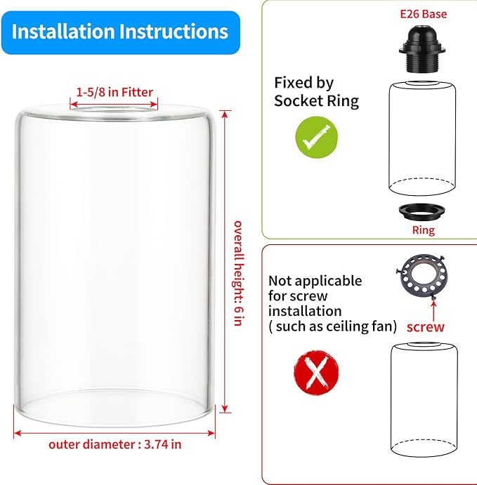 Skelang Clear Lip-less Glass Lamp Shade, Cylindrical Light Cover with Fitter Opening, Replacement for Chandelier, Bathroom Vanity Light, Pendant, Pack of 2