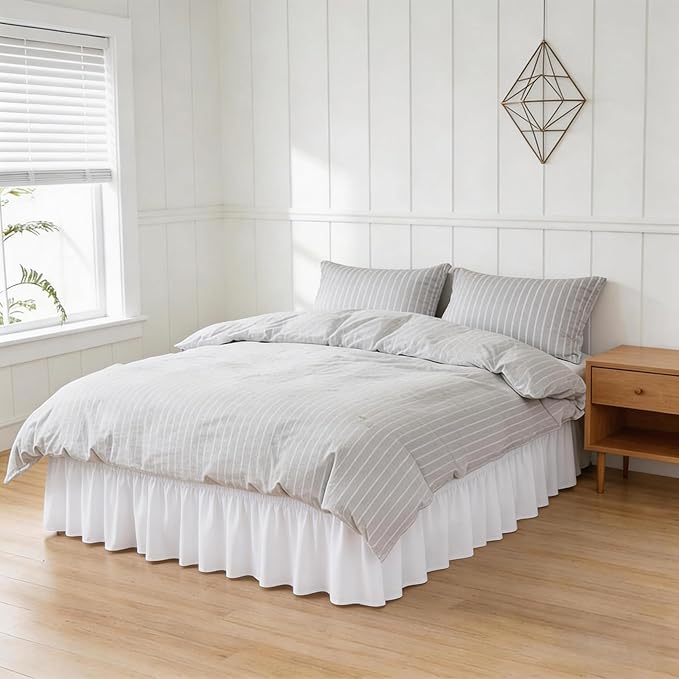 RIMELA Warm White Bed Skirt King Size 12 Inch Drop, Wrap Around Elastic Adjustable Bedskirt, Bed skirting Dust Ruffle for Bed Frame & Box Spring Soft Durable Fabric Machine Washable Easy to Install