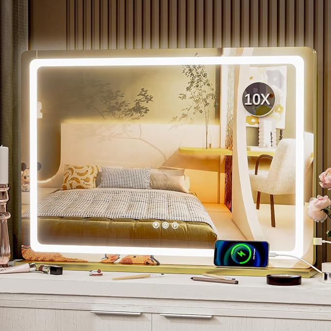 Gvnkvn Makeup Vanity Mirror with USB Charging Port 24" x 19" Large LED Makeup Mirror, Desk Mirorr with Lights, Light up Mirror with 10X Magnification and, Dimmable 3 Modes, Touch Control Gold
