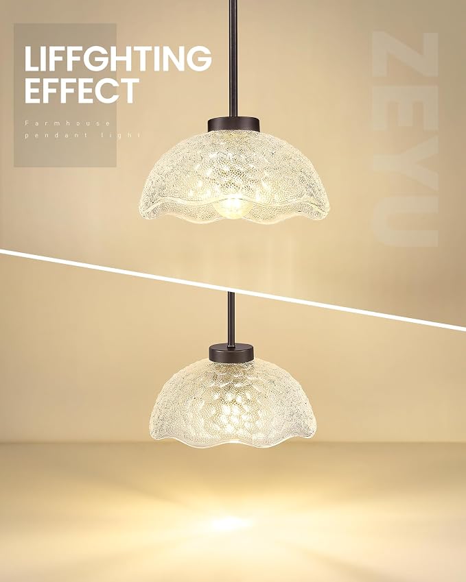 zeyu 2 Pack Pendant Lights, Kitchen Pendant Lighting Island, 10.4'' Glass Pendant Light Fixture with Clear Hammered Glass, Oil Rubbed Bronze Finish, ZJX116M1L-2PK ORB