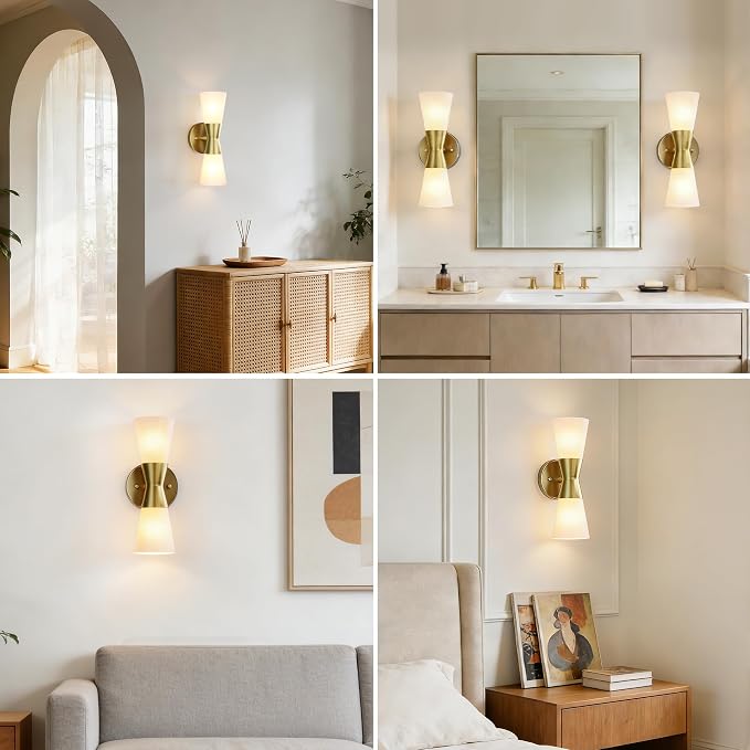 Bathroom Wall Sconce, Modern Indoor Vanity Light Fixtures, Up Down Lighting, Wall Mount Lamp for Living Room Bedroom Hallway Stairway Fireplace Mirror E26 Base (White & Gold - 1pack, 13inch)