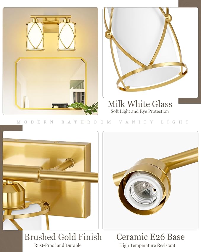 2-Light Brushed Gold Bathroom Light Fixtures with Milk Frosted Glass, 13.8" Modern Bathroom Vanity Lighting Fixtures Over Mirror with Metal Cage, Wall Sconce Lights for Bath, E26, CH9176BGW-2W