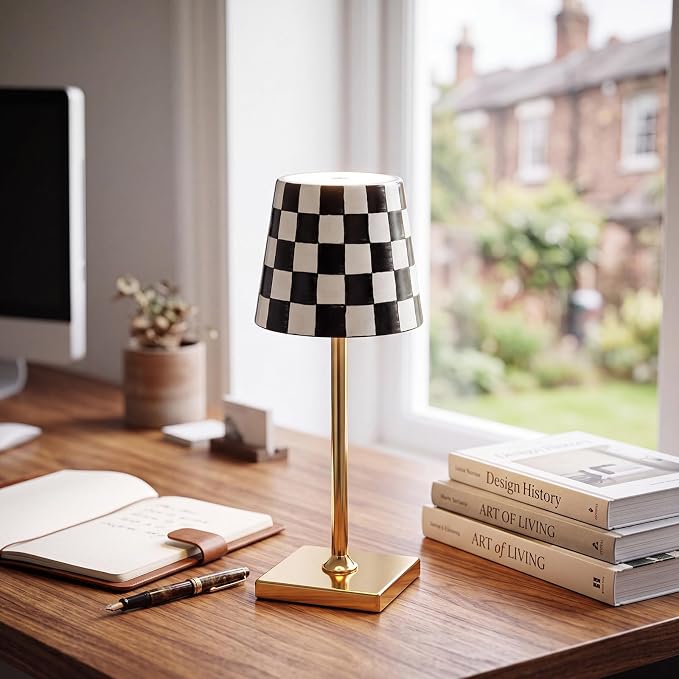 Pickmesh 1 Pack Black Checkered Mahjong Cordless Lamp Scalloped Edge Mahjong Print LED Lamp 3 Color Dimmable Rechargeable Stylish Lamps for Mah Jong Table Living Room Nightstand Desk