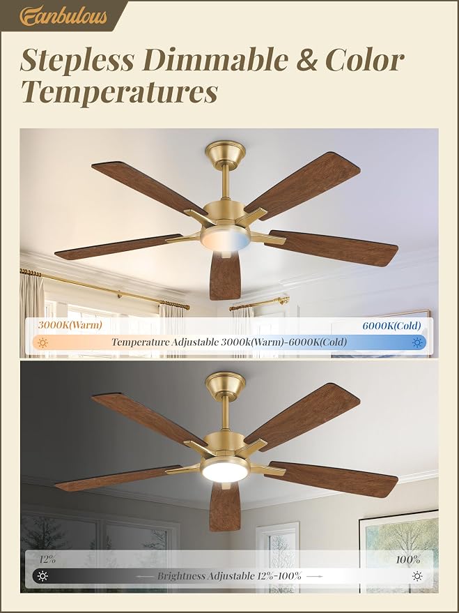 Fanbulous 52 Inch Black and Gold Ceiling Fan with Light, Remote & APP | Stepless CCT & Dimmable Light, 20W LED Ceiling Fan, 6 Speeds, Reversible Quiet DC Motor, for Bedroom, Living Room, Apartment