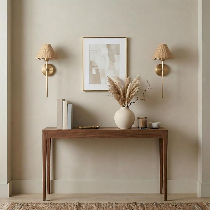 Rattan Wall Sconce Set of 2, Hardwired Boho Wall Sconces with Handwoven Rattan Shade, Gold Wall Lights for Bedroom, Bedside, Hallway, Living Room