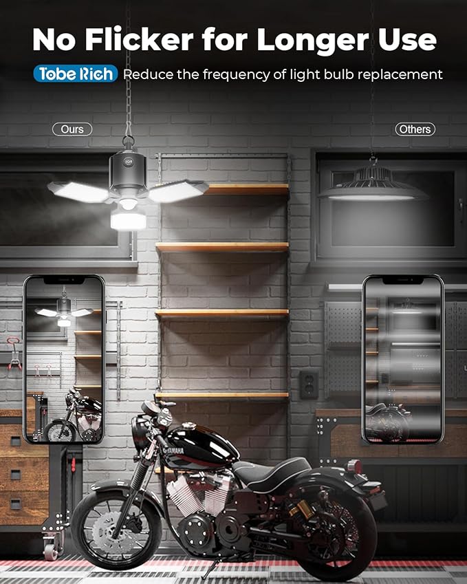 2 Pack Plug in Motion Sensor Garage Light - 8000LM Shop Light with 3 Modes, 3 Deformable LED Panels, 6500K Indoor Motion Sensor Light Bulb for Garage, Laundry Room, Basement
