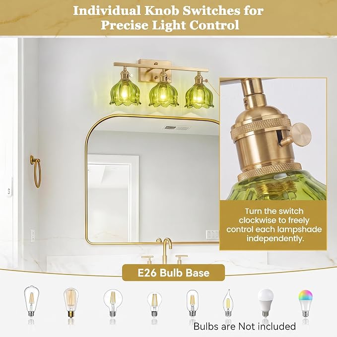 3-Light Vintage Bathroom Vanity Light, 19.4" Brass Hardwired Wall Sconce with Amber Tulip Glass Shades, Brushed Gold Vanity Light for Mirror, Restroom, Bedroom (Green, 3-Light)