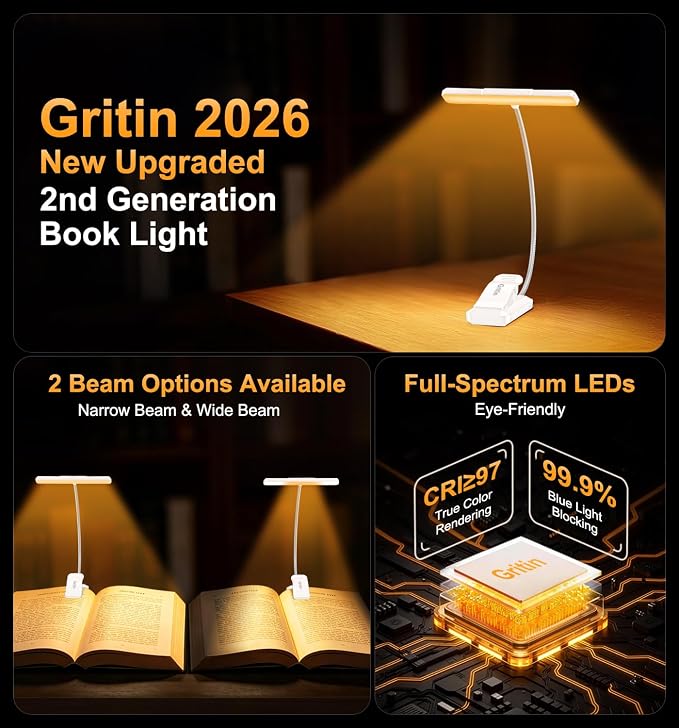 Gritin 2026 Gen 2 Book Light for Reading- 32 Eye Caring Full Spectrum LED | 5 Colors & 5 Brightness, Adjustable Wide/Narrow Beam, Upgrade 1500mAh Long-Lasting Rechargeable Clip on Light-White