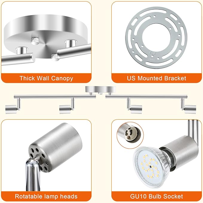 HURYEE Track Lighting Kit, 4 Head Foldable Ceiling Spot Light with GU10 Socket for Kitchen Hallyway Bedroom Fixture Directional Accent Lamp