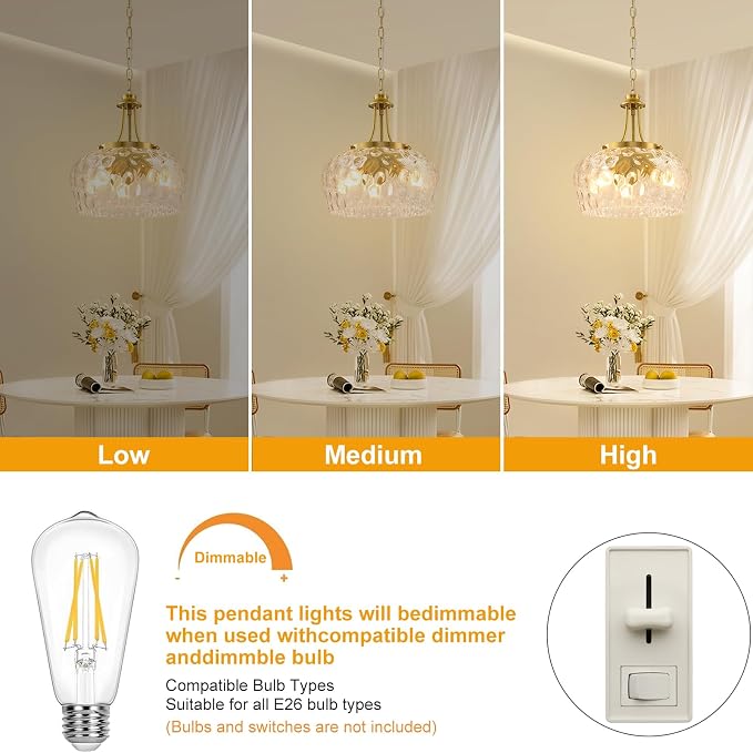 Modern Pendant Lights Kitchen Island, 3-Light Gold Pendant Light Fixtures with 14.2" Clear Hammered Glass Shade, Industrial Hanging Pendant Lights Fixture for Kitchen Island, Dining Room, Entryway