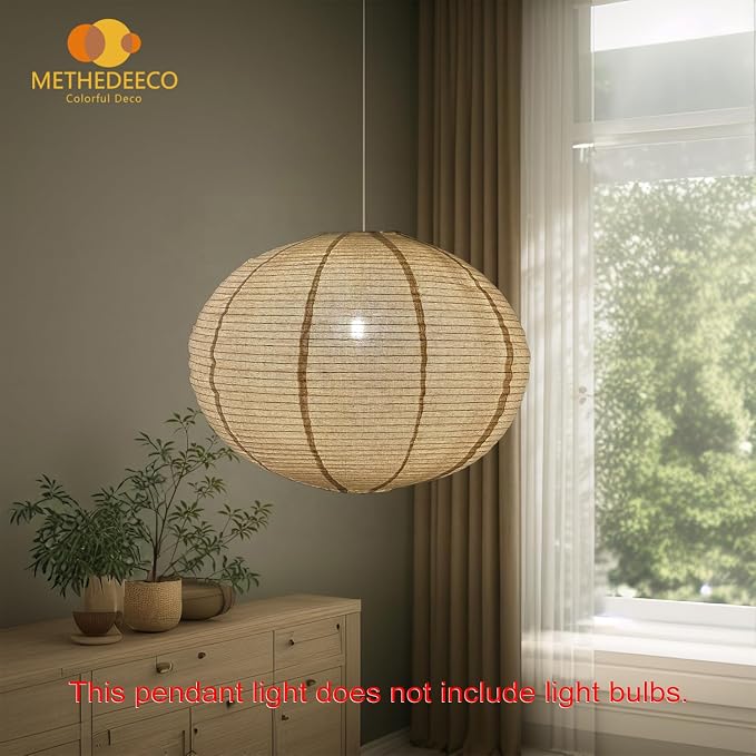 METHEDEECO Plug in Linen Pendant Light, 20 Inch | Hanging Lantern Lamp, 18 FT Cord, E26 Socket, Japanese Wabi-Sabi Handmade Fabric Shade, Bulb Not Included