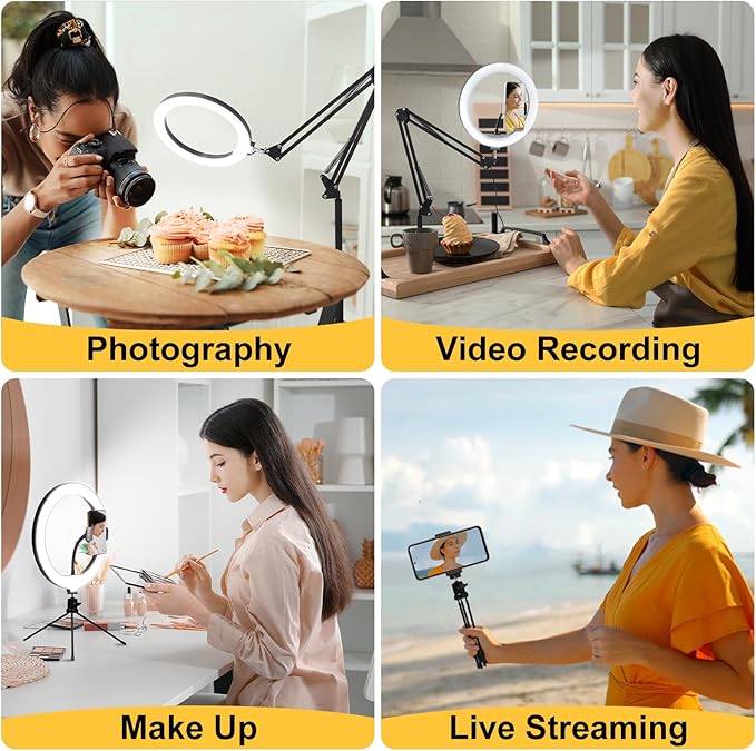 Yoobao 12" Ring Light with 81" Tripod Stand Folded Arm, Overhead Camera Mount Phone Holder with Casters, 3 Color Modes, LED Selfie Light for Video Recording Photography Live Streaming TikTok YouTube