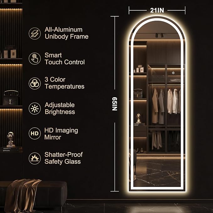 LED Arched Full Length Mirror, 65"x21" Full Body Mirror with Lights, Dimmable & 3 Color Lighting, Standing/Leaning/Wall Mounted Vanity Mirror for Bedroom, Dressing Room, Living Room