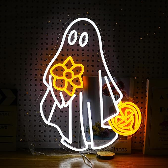 Ghost Neon Sign for Wall Decor Dimmable USB Powered Pumpkin Led Light sign Halloween Ghost Neon Light for Halloween Party Game Room Neon Decor (Yellow White)