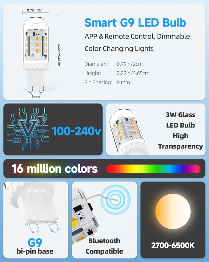 Color Changing G9 LED Bulb 120V 3W Smart Bluetooth G9 Bulb 2-Pack | Glass Cover, 20W Halogen Equivalent, App&Remote Control RGBCW G9 LED Bulb, for Chandelier Pendant Light & Ceiling Lights