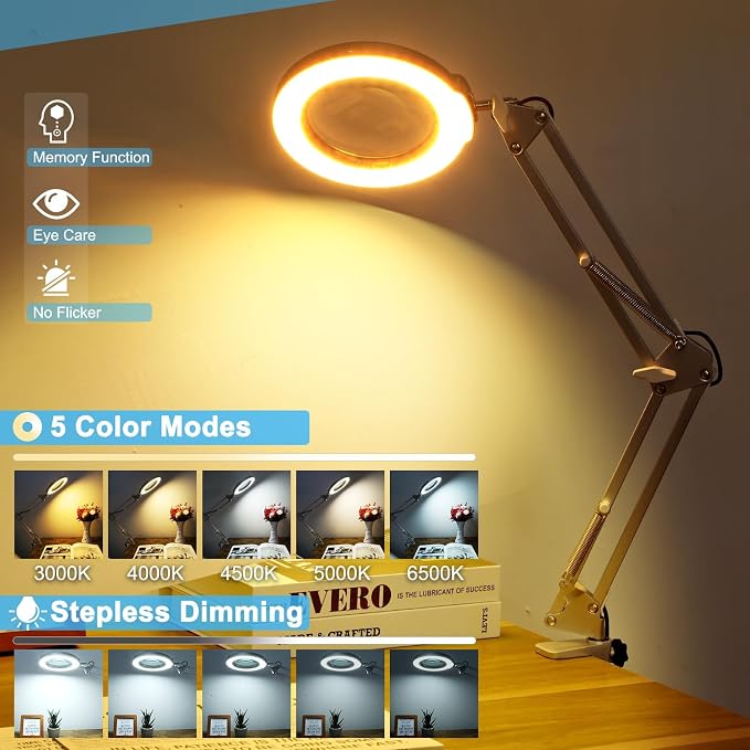 Coyeth 10X Magnifying Glass with Light and Clamp, Real Glass Stand Lighted Magnifier, 5 Color Modes Stepless Dimmable LED Desk Lamp Hands Free for Crafts Hobby Reading Painting Close Work - Silver