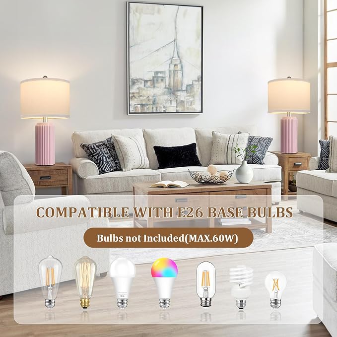 23.5" Pink Ceramic Table Lamps Set of 2, Modern Nightstand Lamps | Bedside Table Lamps with White Linen Shade, Ideal Size, Farmhouse Home Decor for Living Room Bedroom Office End Table Dorm
