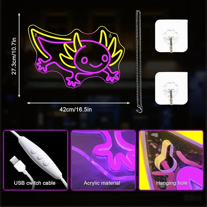 LUCUNSTAR Axolotl Neon Sign Anime Neon Signs for Wall Decor Man Cave Axolotl Decor for Men Neon Light for Wall Anime Kawaii Led Decor USB Powered Led Animal Signs for Home Wall Decor Boys Room
