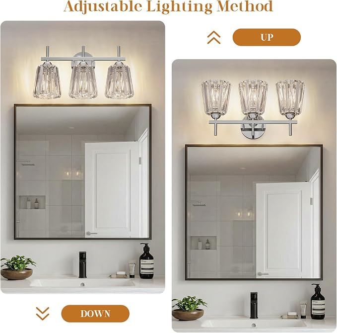 Crystal Bathroom Light Fixtures Over Mirror, Chrome 3-Light Bathroom Vanity Lights Over Mirror Modern Wall Lighting Sconces with Ceramic E26 Base (Bulbs Not Include)