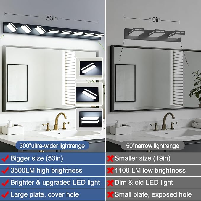 Torondo 360° Rotate LED Bathroom Vanity Light Fixtures, Acrylic Vanity Lights for Bathroom, Modern Wall Lighting Fixtures Over Mirror Living, Matte Black, Natural White, 8-Light, 53-Inch