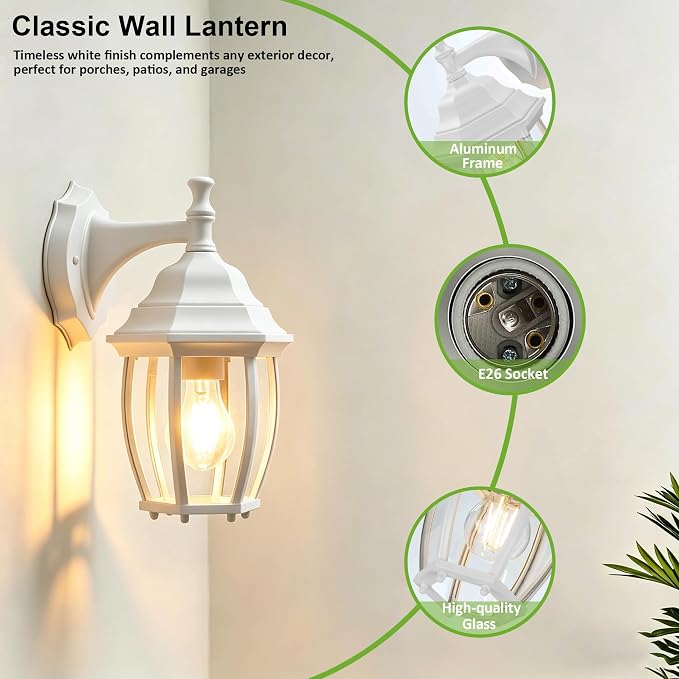 Outdoor Wall Light Fixture, Rustproof Aluminum, Glass | Large Exterior Porch Light Wall Sconce Lantern for House, Patio, Garage, Waterproof, E26 Socket 60W Max, White