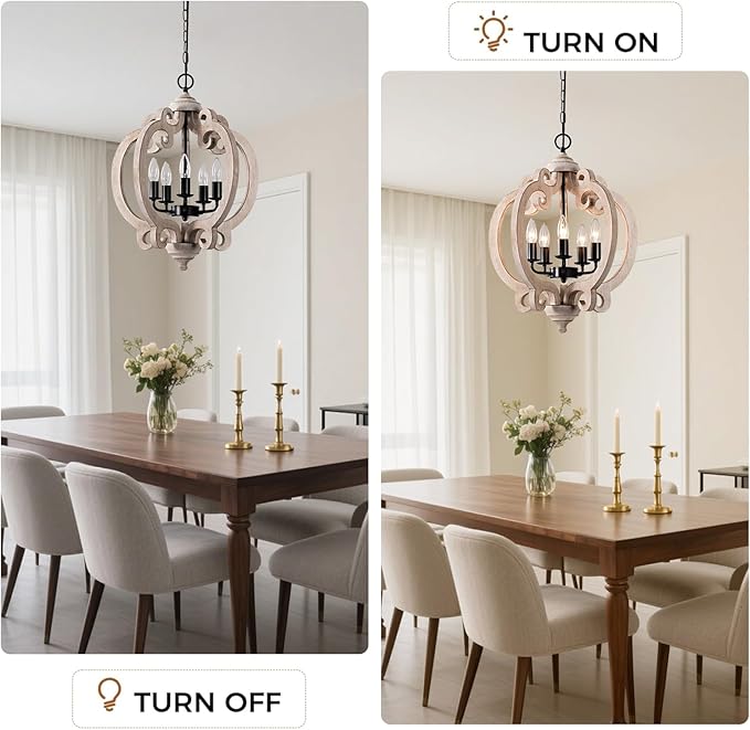 5-Light White Farmhouse Wood Chandelier, Rustic Dining Room Light Fixture with Adjustable Chain, Easy Assembly for Kitchen Island, Bedroom, Entryway, Living Room