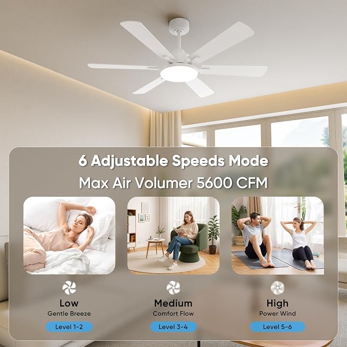 52'' Downrod Mount Ceiling Fans with Lights for Living Room, White | 6 Blades, 6 Speeds, MAX 5600 CFM, Remote&APP Control, 3CCT Dimmable LED, All Metal Body, Memory Function, Reversible DC Motor