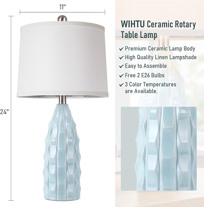 WIHTU 24" Ceramic Table Lamps Set of 2, Modern Nightstand Light, Blue | Linen Shade, 3 Color Temps, Farmhouse/Boho Style, Bedroom/Living Room/Office Decor, Ideal Gifts, 2 Bulbs Included, E26 Base