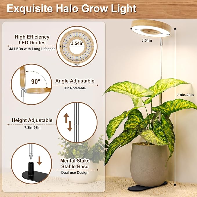 LORDEM Bamboo Base Desktop Grow Light, LED Plant Lamp with Full Spectrum, 4 Adjustable Brightness Levels, 4H/8H/12H Auto Timer for Indoor Plants Growing, Height Adjustable 7.8"-26", 3 Pack