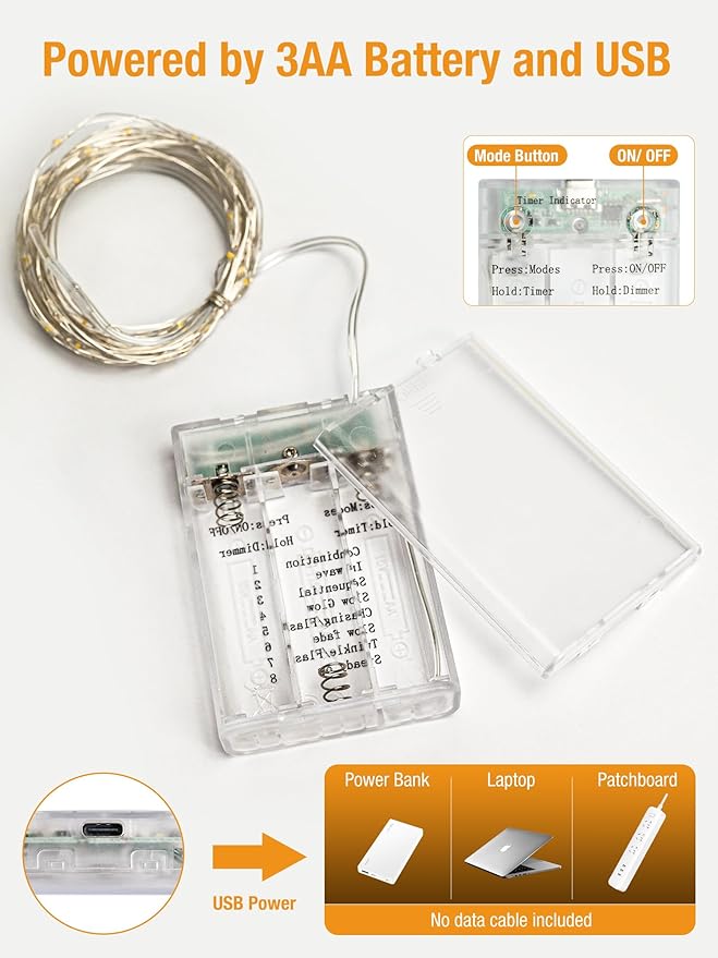 btfarm 2 Pack Fairy Lights Battery Operated with Timer, 16.4 FT 50 LED Silver Wire Twinkle String Lights 8 Modes Dimmable Waterproof for Indoor Christmas Bedroom Wedding Decorations, Multicolor