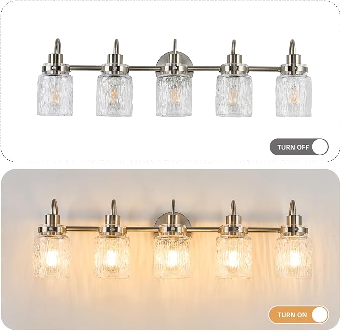 5 Lights Hammered Glass Bathroom Vanity Light,Brushed Nickel | Easy Installation,Up or Down,Farmhouse Modern Style,E26 Socket,ETL Certification