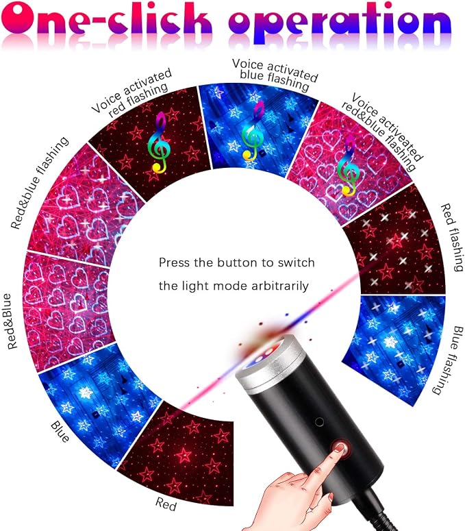 USB Star Night Light for Car Interior,Ceiling, Bedroom, Party and More | 9 Functional Modes , 24 Lighting Effects,Sound Activated Strobe Atmosphere Decorations