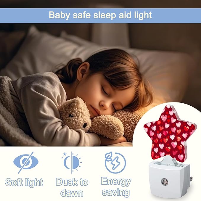 Night Light,Red Pink Love Heart Plug into Wall with Dusk to Dawn Light Sensors,Cute Hearts Warm Star Nightlights for Bedroom,Bathroom,Hallway,Kitchen Home Decor Desk Lamp