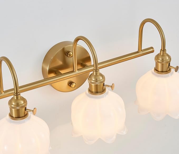 Bathroom Light Fixtures, 3-Light Brass Vanity Wall Light with Amber Tulip Glass Shades, Vintage Wall Sconce Over Mirror for Bathroom, Bedroom, Living Room (Bulbs Not Included) (White, 3-Light)