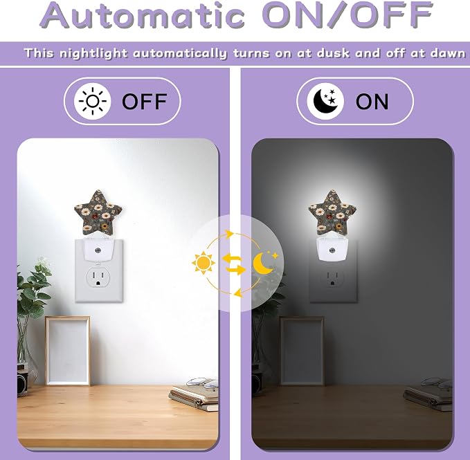 Brown Flowers Night Lights Plug Into Wall,White Floral Dusk to Dawn Light Sensor Night Light for Kids,Energy Efficient Sleep Friendly Lamp for Bedroom Bathroom Nursery