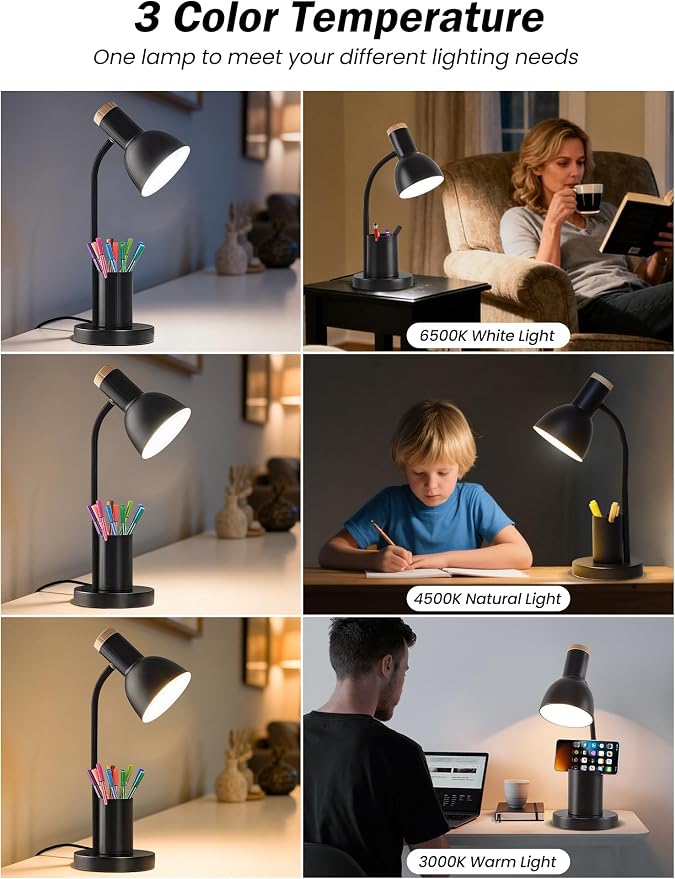 LED Desk Lamp for Home Office, Table Lamp with Pen Holder, 3 Color Modes Reading Light, Eye-Caring Desk Light with Gooseneck, Metal Study Lamp for Dorm Bedside Bedroom (Black Lamp)