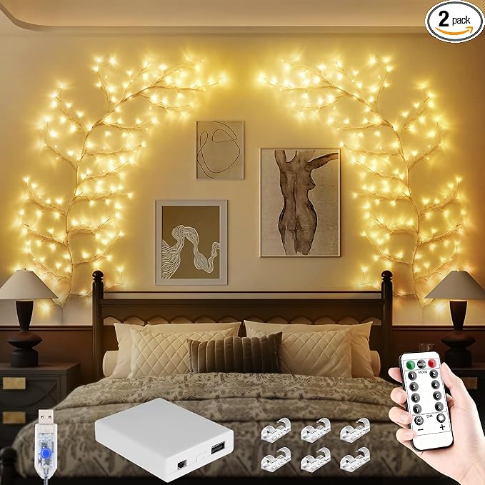 FNHMSL Enchanted Willow Vine Lights, 7.55FT 144LED 2 PCS White Tree Branch Lights for Wall, Remote Timer,8 Light Model,Bedroom Wall Doors Wedding, Christmas, USB Battery Box