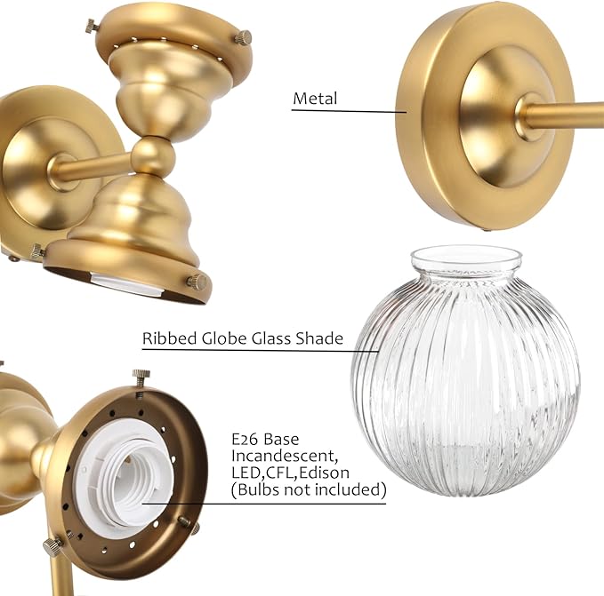 Pathson 2 Lights Striped Glass Wall Sconces, Modern Bathroom Sconces Wall Vanity Light Fixtures Brass Finish, Vintage Wall Sconce Lamp for Living Room Bedroom Farmhouse Lighting