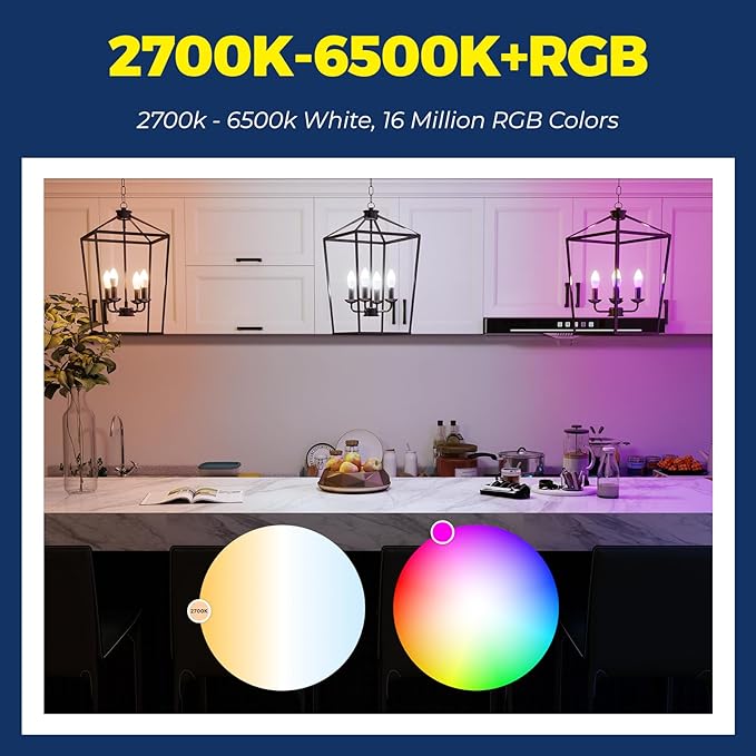 E12 Smart Light Bulbs 60W Equiv., Work with Alexa/Google Home/SmartLife, 500LM 6W RGBCW Candle Candelabra LED Bulbs, No Hub Required, 2.4G WiFi & BLE Chandelier Bulb, ETL Listed, 6PCS | No Hub Required, 500LM 6W RGBCW Candle Chandelier Smart bulb Work ...