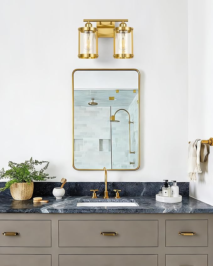 2-Light Brushed Gold Bathroom Light Fixtures, 13.8 Inch Modern Bathroom Vanity Lighting Fixtures Over Mirror with Clear Glass and Metal Cage Wall Sconce Lights for Bath, E26, OS-3014BG-2W