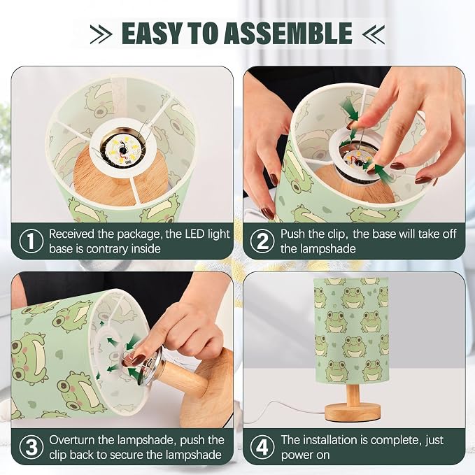 Fustylead Kawaii Cute Frog Light Green Table Lamp for Bedroom USB Port Lamps Small Accent Table Lamp Nightstand Lamp Sturdy Linen Shade Wooden Base Decorative Lamps for Bedside Reading|Kids|Dorm|Home