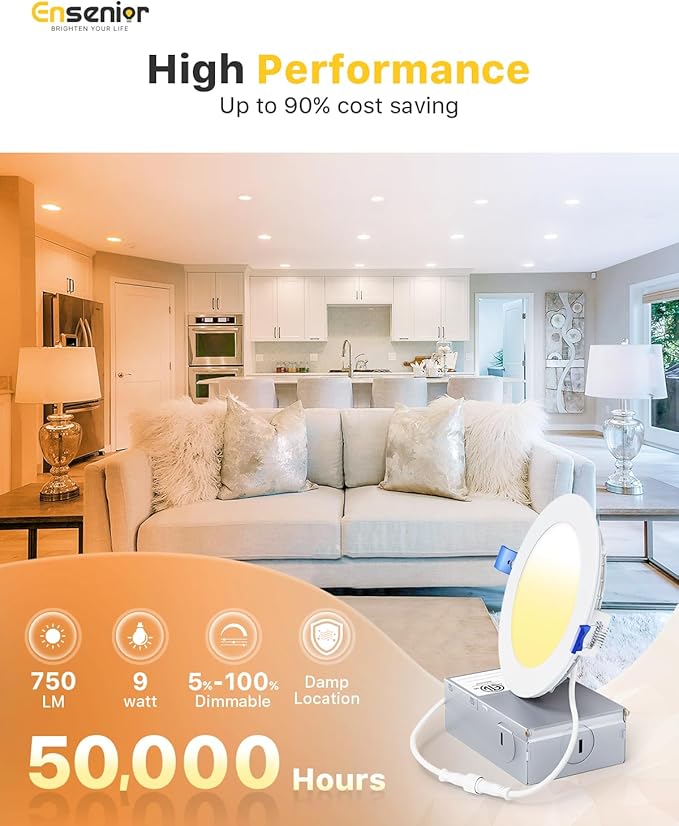 Ensenior 24 Pack 4 Inch LED Recessed Ceiling Light, Dimmable, 2700K-5000K 5CCT, 750LM 9W 120V, High Brightness Canless Wafer Downlight - ETL&FCC&IC